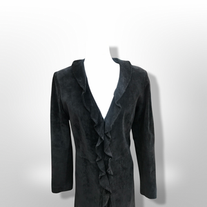 Black Suede Duster with Ruffle Tuxedo Collar Boho