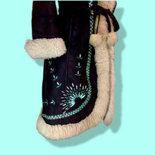 Load image into Gallery viewer, Vintage Coat- 70s Afghan Embroidered Turquoise Blue Sheep Shearling Sheepskin Suede Penny Lane Princess Coat Fit Flare S M Boho Hippy