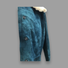 Load image into Gallery viewer, 70’s Vintage Blue Suede and Shearling Women’s Coat Jeweled Belt Boho Penny Lane Burning Man Coachella Hippy Russian Princess