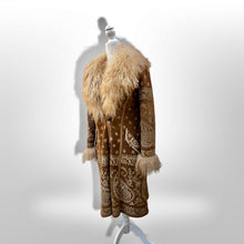Load image into Gallery viewer, Boho Penny Lane Caramel Suede Sheepskin Curly Mongolian Lamb Intricate Embroidery Embroidered Coat Custom Made in France