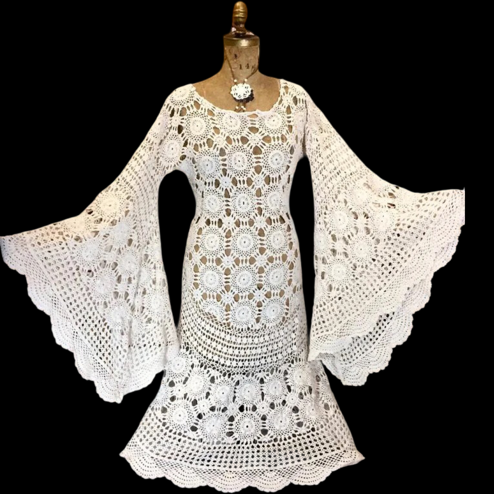 70s Angel Wing Crocheted Dress- Renaissance Festival 1970s Massive Bell Sleeves, Cream, White, Hippy Boho Flower Child Event Wedding M/L/XL
