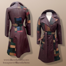 Load image into Gallery viewer, 70s Leather Coat l Maroon Patchwork Fit Flare Trench Spy Boho Studio 54 Mosaic boho chic One of a Kind