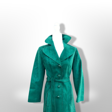Load image into Gallery viewer, Emerald Green Suede 70’s Coat Rounded Collar Studio 54 Trench Spy Coat