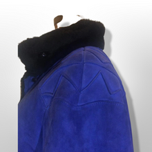 Load image into Gallery viewer, Blue Suede Shearling Coat Birger Christensen Made in Copenhagen Vtg 70s 80s Swing Coat A-Line Penny Lane Hippy