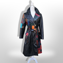 Load image into Gallery viewer, 70s Leather Coat l Black Patchwork Fit Flare Trench Spy Boho Studio 54 Mosaic boho chic One of a Kind