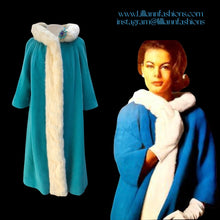 Load image into Gallery viewer, 60’s LIlli Ann Coat Turquoise Blue with Ermine Mink Tuxedo Trim Collar “The World is Yours”