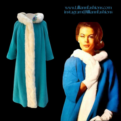 60’s LIlli Ann Coat Turquoise Blue with Ermine Mink Tuxedo Trim Collar “The World is Yours”