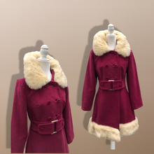 Load image into Gallery viewer, 60’s 70’s Velveteen Maroon Coat Vegan Faux Fur Belted
