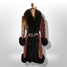 Load image into Gallery viewer, 60s Tapestry Carpet Coat Needlepoint Embroidered Red, Yellow, Gold, Black Shearling Russian Princess Coat Festive Winter