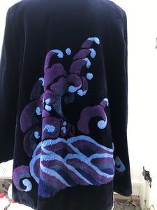 Black Fur Sheared Beaver Coat Made full pelts with Blue And Purple Ocean Scene Intarsia Made in Canada Nordstrom New Yorker Zuki