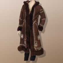 Load image into Gallery viewer, 70’s Penny Lane Brown Hooded Embroidered Suede and Shearling Coat Boho Princess Burning Man Authentic Vintage Hippy Princess