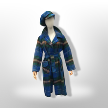 Load image into Gallery viewer, Made in Scotland Scottish Pure Mohair and Wool Plaid Coat Hat Scarf Three Piece Set Blue Yellow Wrap Style