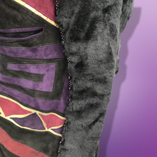 Load image into Gallery viewer, Purple Suede and Genuine Shearling Mosaic Coat with Fringe Western Aztec  Native Cowgirl Inspired Magenta Black and Gold