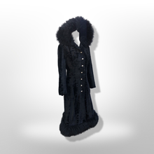 Load image into Gallery viewer, 70’s Vintage Black Princess Shearling and Faux Astrakhan Lamb Fabric hooded Fit and Flare Boho