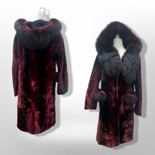 Load image into Gallery viewer, Genuine Fur Hooded Coat Shearling and Fox Fur Bergundy Iridescent and Black Gothic Ombré Victorian