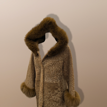 Load image into Gallery viewer, New Tan Shearling Lamb and Leather Fox Fur Hooded Coat Reversible Minimalistic