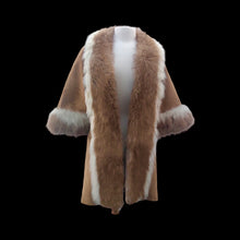 Load image into Gallery viewer, Vintage Camel Suede Tan Duster Coat with Genuine Fur Tuxedo and Cuffs in Natural Color