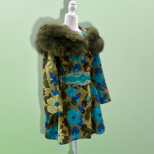Load image into Gallery viewer, 60’s 70’s Tapestry Carpet Coat Blue Turquoise Green Beaded Belt Fur Fox Norwegian Collar