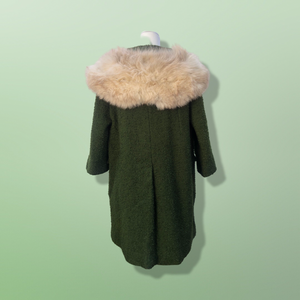 60’s Green Vintage Coat Wear Two Ways Removable Fox Fur Swing Coat Boucle Wool