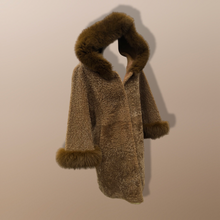 Load image into Gallery viewer, New Tan Shearling Lamb and Leather Fox Fur Hooded Coat Reversible Minimalistic