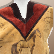 Load image into Gallery viewer, 70’s Suede Poncho Cape Equestrian Serape with Carved Horse Scene Mint Condition Fringe Border One Size Fits All Cowboy Cowgirl Unisex Southwestern Mexican Native Boho One of A Kind