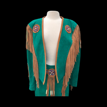 Load image into Gallery viewer, Women’s Western Turquoise Blue Suede Set Jacket and Skirt Genuine Suede and Hand Beaded SouthWestern Native Inspired Cowgirl