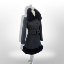 Load image into Gallery viewer, 60’s Vintage Black Wool Coat Fur Trim Sewn in Matching Belt