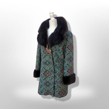 Load image into Gallery viewer, 60’s Vintage Tapestry Coat with Mink Trim Turquoise Pink Wool