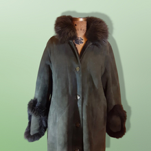 Load image into Gallery viewer, Vintage Coat-Green Suede Sheepskin Shearling Afghan Fox Fur Full Length Full Sweep Cozy Coat Fairy Princess Penny Lane Almost Famous