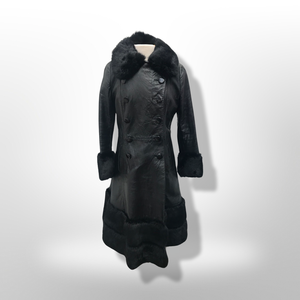 60’s 70’s Black Leather and Fur Coat Princess Sergeant Pepper From Mod to Boho Made in the UK