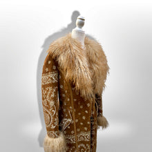 Load image into Gallery viewer, Boho Penny Lane Caramel Suede Sheepskin Curly Mongolian Lamb Intricate Embroidery Embroidered Coat Custom Made in France