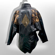 Load image into Gallery viewer, 80’s Black Leather Jacket Glam Gold Beaded and Embroidered Studio 54 David Bowie Style Dolman Sleeve