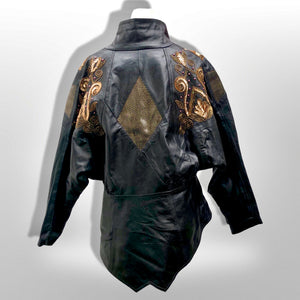 80’s Black Leather Jacket Glam Gold Beaded and Embroidered Studio 54 David Bowie Style Dolman Sleeve