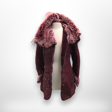 Load image into Gallery viewer, Italian made Purple Bergundy Lamb Leather and Shearling Hooded Studded Coat Jacket