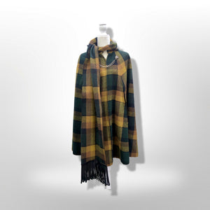 60’s 70’s Vintage Green Yellow Wool Cape Poncho and Scarf Set Double Lion Chain One Size Fits All