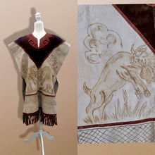 Load image into Gallery viewer, 70’s Suede Poncho Cape Equestrian Serape with Carved Two Bulls Fighting Scene Fringe Border One Size Fits All Cowboy Cowgirl Unisex Southwestern Mexican Native Boho One of A Kind