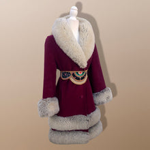 Load image into Gallery viewer, Women's Vintage Coat~ 70s Maroon Red Velveteen Velvet Shearling Tiered Princess Beaded  Belted Coat Fit Flare Penny Lane Almost Famous