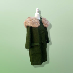 60’s Green Vintage Coat Wear Two Ways Removable Fox Fur Swing Coat Boucle Wool