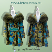 Load image into Gallery viewer, 60’s 70’s Tapestry Carpet Coat Blue Turquoise Green Beaded Belt Fur Fox Norwegian Collar