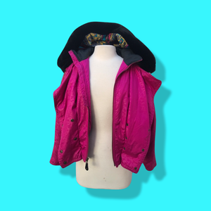 80’s 90’s Hot Pink Hooded Ski Windbreaker Jacket Cropped Tapered Waist Southwestern Aztec Trim