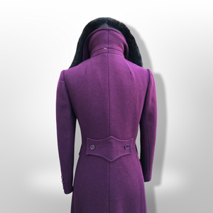 60’s 70’s Plum Purple Long Princess Coat with Sharp Tailoring and Faux Fur Trim