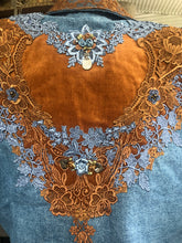 Load image into Gallery viewer, 80’s Vintage Three Piece Jean and Lace Skirt Bustier and Jacket Beaded and Embroidered Cowgirl Cowboy Beyoncé Style