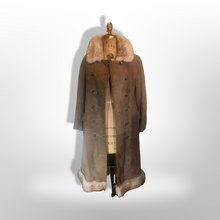 Load image into Gallery viewer, 70s Suede and Sheepskin Shearling Double Breasted Long Coat Military Hippy Penny Lane Almost Famous Made in Finland S/M