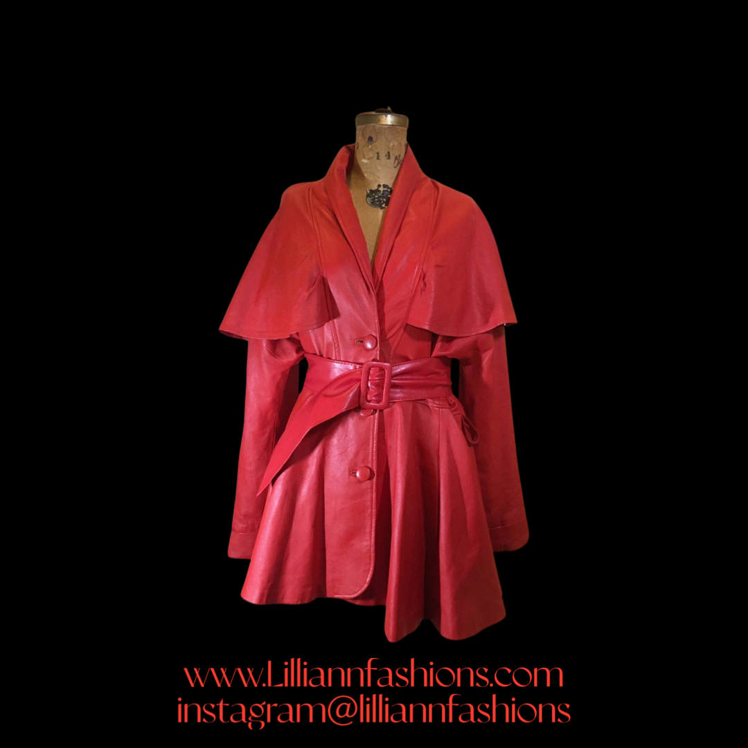 Vintage Women's Coat--70s 80s Red Leather Studio 54 Belted Pinup Cape Coat Full Jacket Flare Skirt Fit Flare Princess Medium-Large-xl Vintage Women's Coat--70s 80s Red Leather Studio 54 Belted Pinup Cape Coat Full Jacket Flare Skirt Fit Flare Princess Medium-Large-xl