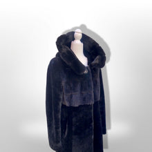 Load image into Gallery viewer, Jet Black Hooded Mink and Shearling Luxury Coat with Rhinestone Button
