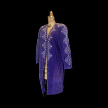 Load image into Gallery viewer, Suede Purple Studded Coat Purple Rain Prince Gold Metal Studded 80's Total Glam Long Throw Coat M/L/XL 1980s