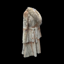 Load image into Gallery viewer, Embroidered Mocha Cream Colored Ombré Sheared Fur Beaver Princess Coat with Crystal Accents Full Skirt and Flared Bell Sleeves Wearable Work of Art One of A Kind