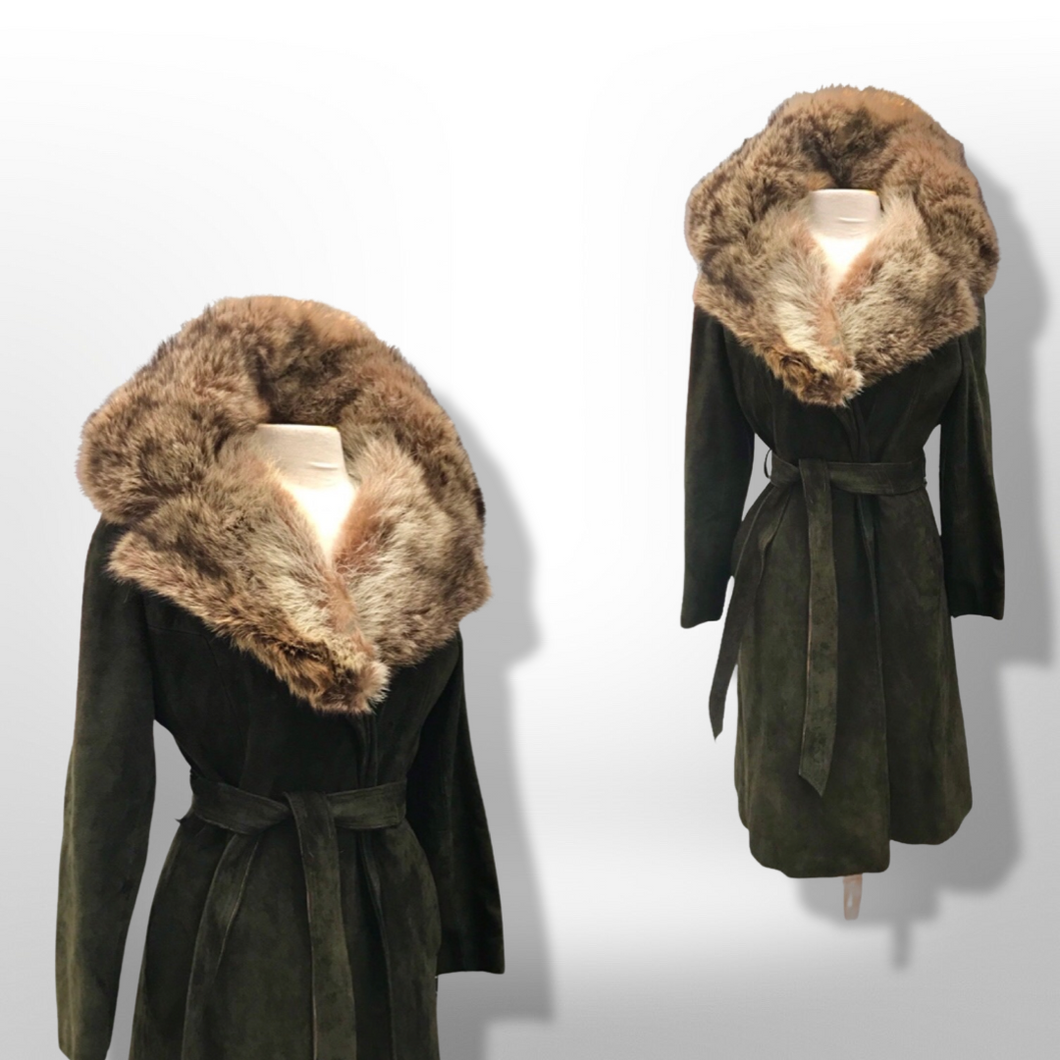 70’s Forest Green Suede Trench with Fur Trim Collar