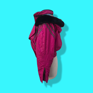 80’s 90’s Hot Pink Hooded Ski Windbreaker Jacket Cropped Tapered Waist Southwestern Aztec Trim