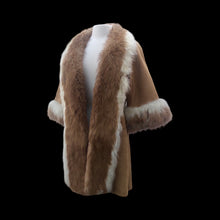 Load image into Gallery viewer, Vintage Camel Suede Tan Duster Coat with Genuine Fur Tuxedo and Cuffs in Natural Color